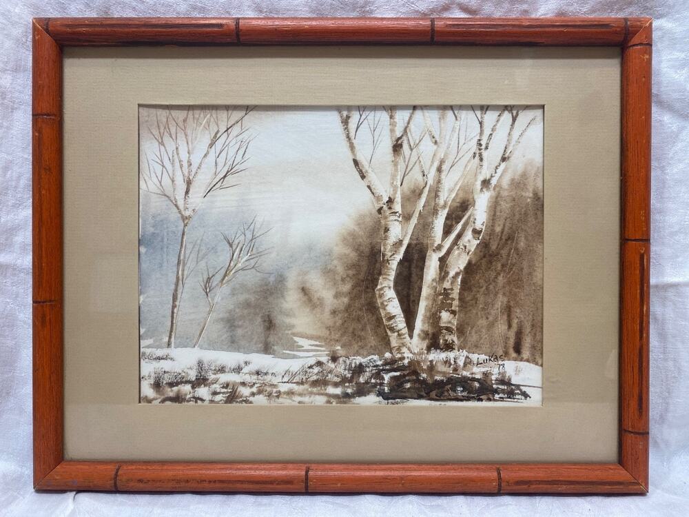 Vtg Original Winter Birch Trees in Snow Watercolor Signed Framed “Lukas” ‘78